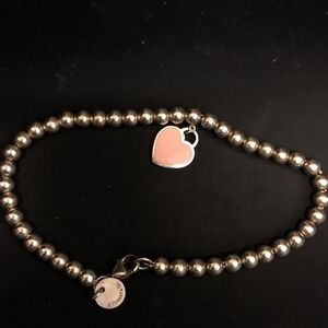 Tiffany & Co Sterling Silver Pink Enamel Tag Heart Beaded Bracelet